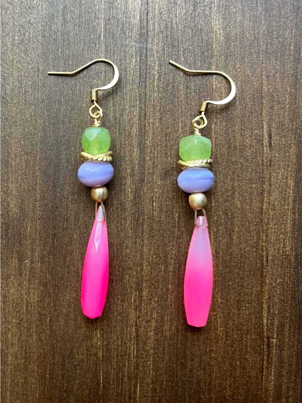 NWOT Handcrafted Pink Drop Earrings with Green and Purple Beads